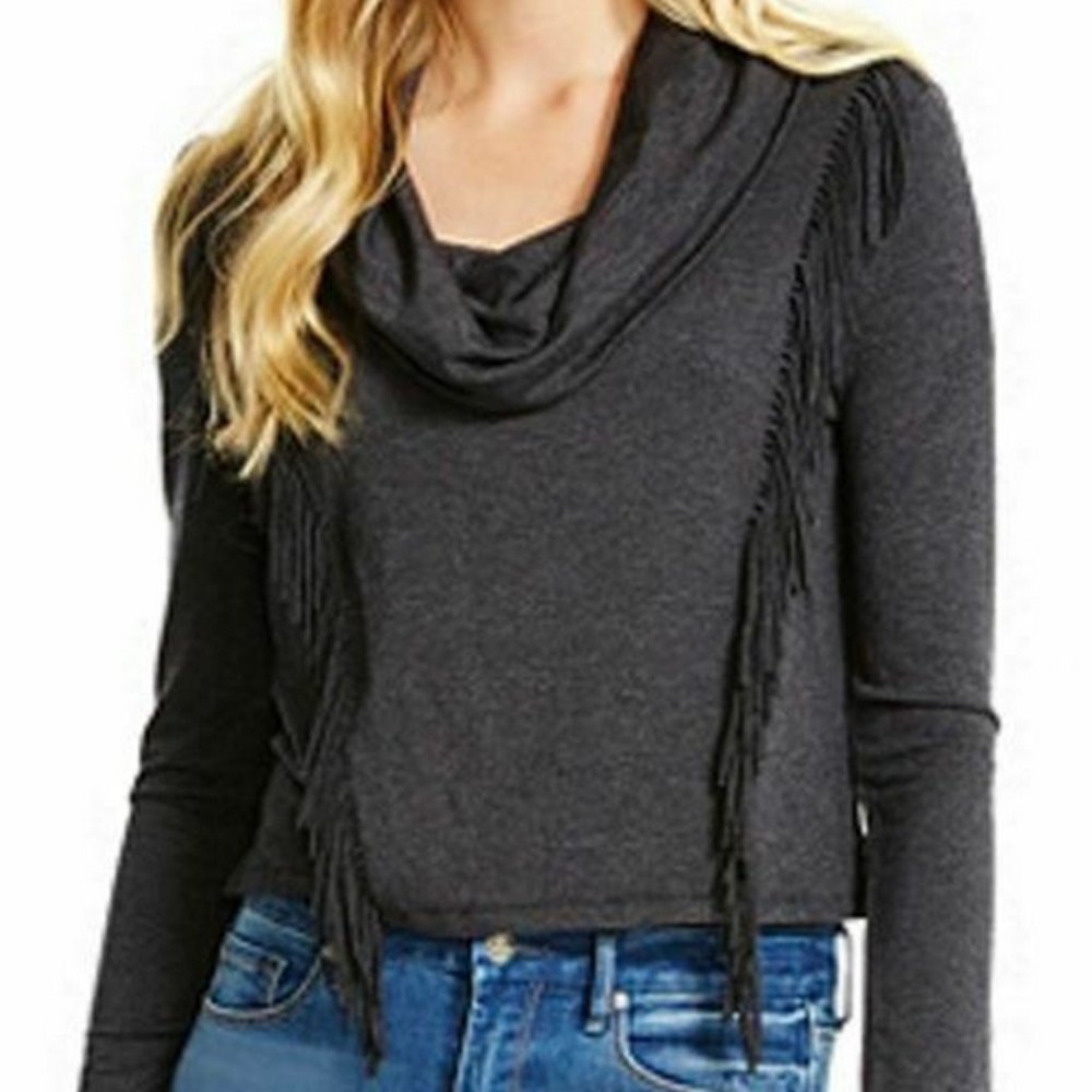Jessica Simpson XL Gray Fringe Cowl Neck Sweater Turtleneck